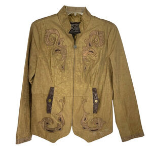 Vintage 1990s Chi x Carlos Falchi Sz M Brown Applique Leather Jacket Art to Wear